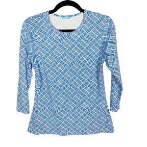 J McLaughlin Small S Blue White Geometric Print 3/4 Sleeve Catalina Cloth Top